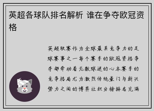 英超各球队排名解析 谁在争夺欧冠资格