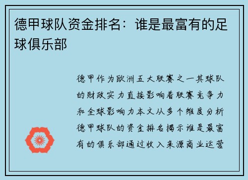 德甲球队资金排名：谁是最富有的足球俱乐部